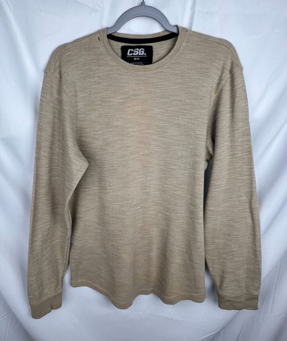 CSG Men’s Medium Thermal Shirt Tan Waffle Knit Long Sleeve Outdoor Grunge
